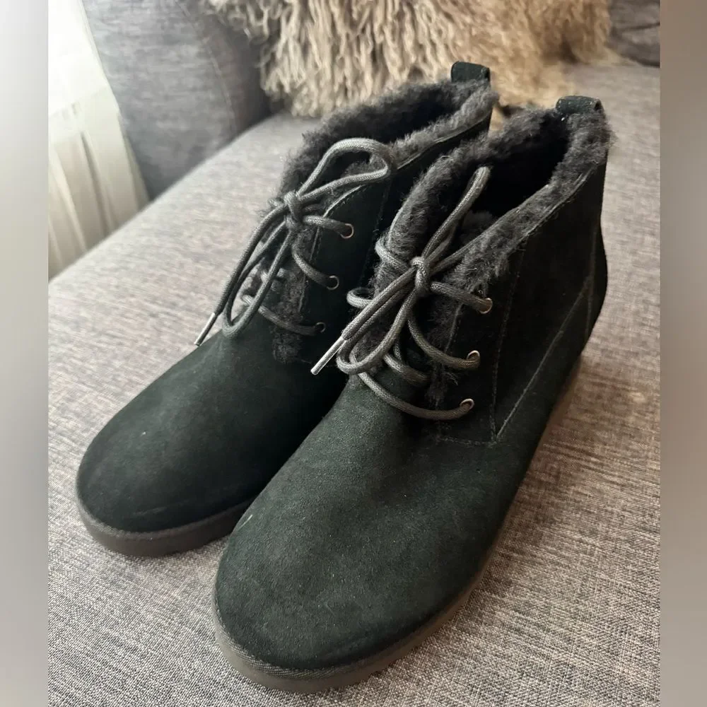 UGG CLASSIC MINI FEMME LACE BOOTIE BLACK WEDGE BOOTS US 12 / EU 43 / UK 10